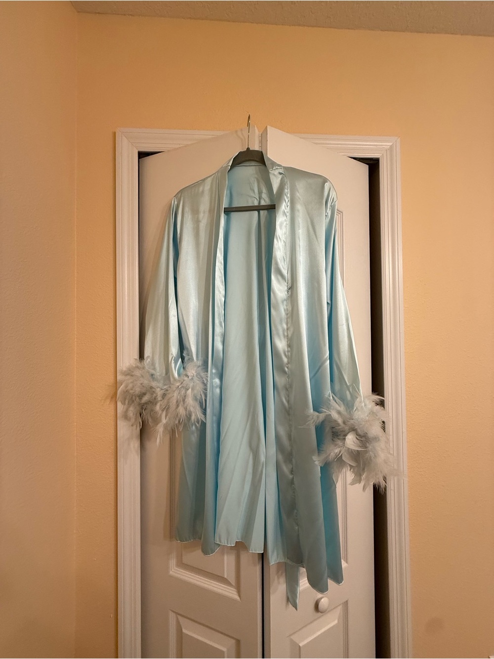 Light Blue Satin Feather-Trim Robe - Women's Jacket & Coat